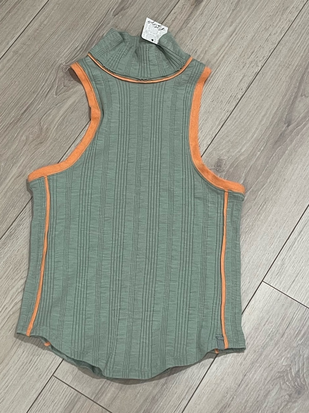We The Free Ribbed Mock Neck Tank in Sage with Orange Trim